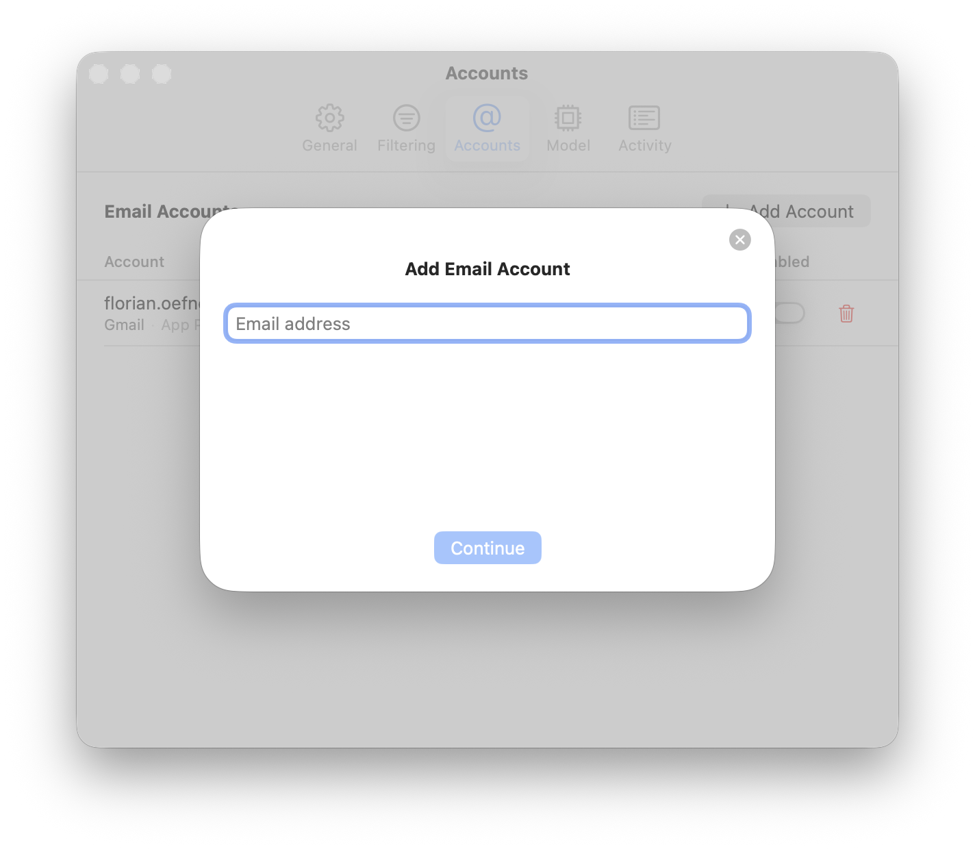 Cloudbreak Settings — Accounts tab showing the Add Email Account dialog