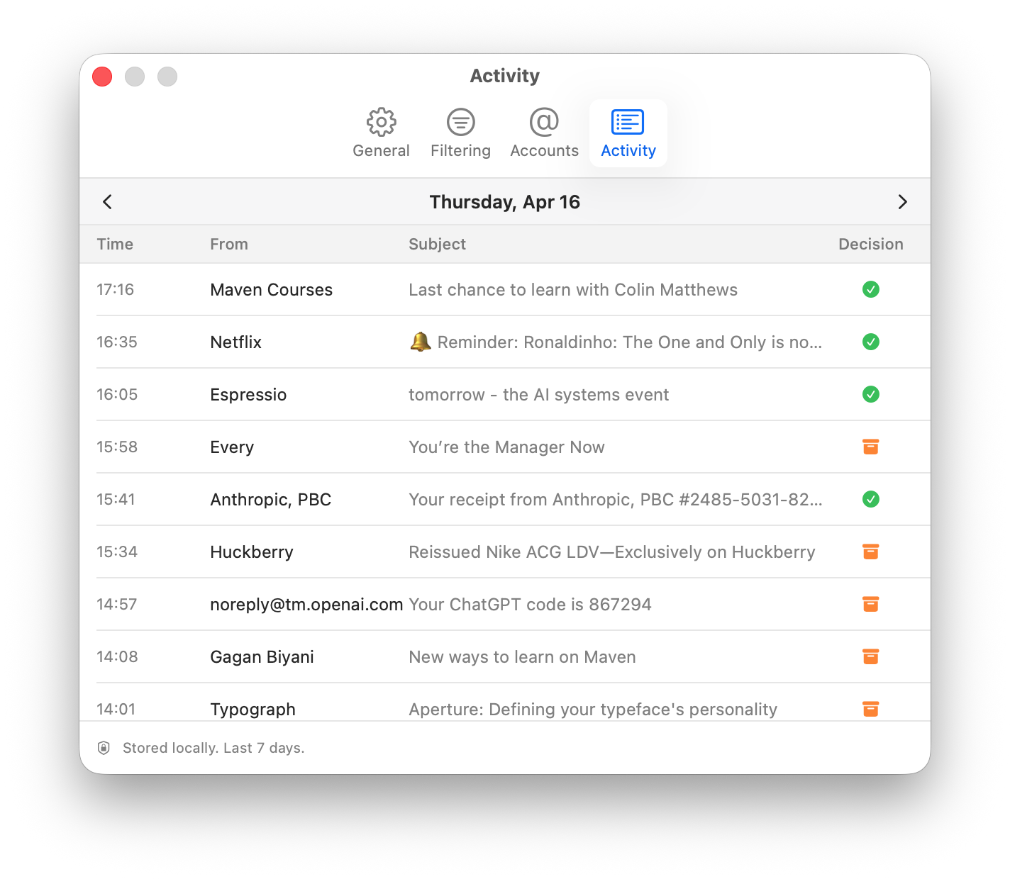 Cloudbreak Settings — Activity tab showing email filtering decisions