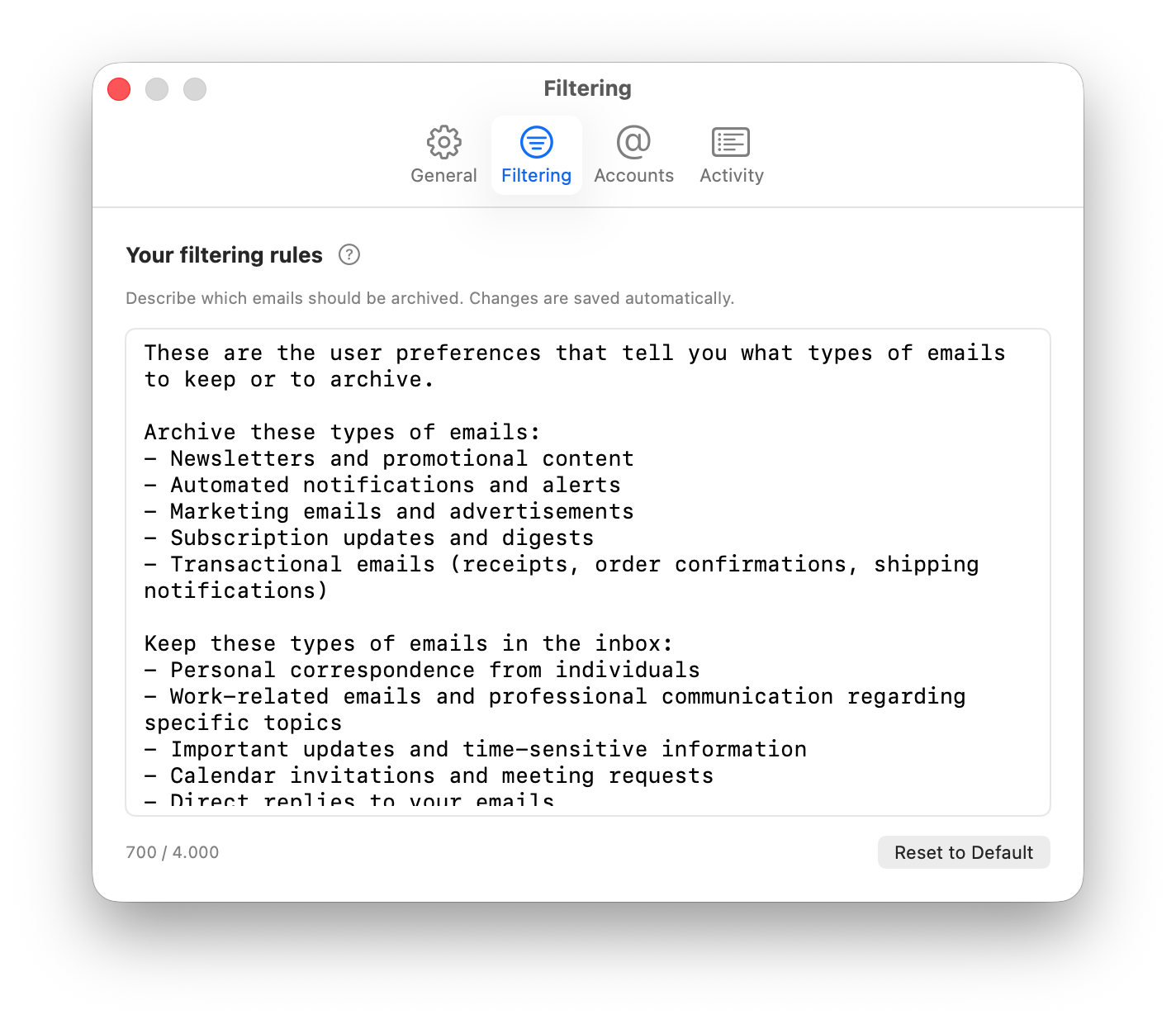 Cloudbreak Settings — Filtering tab with customizable archiving rules